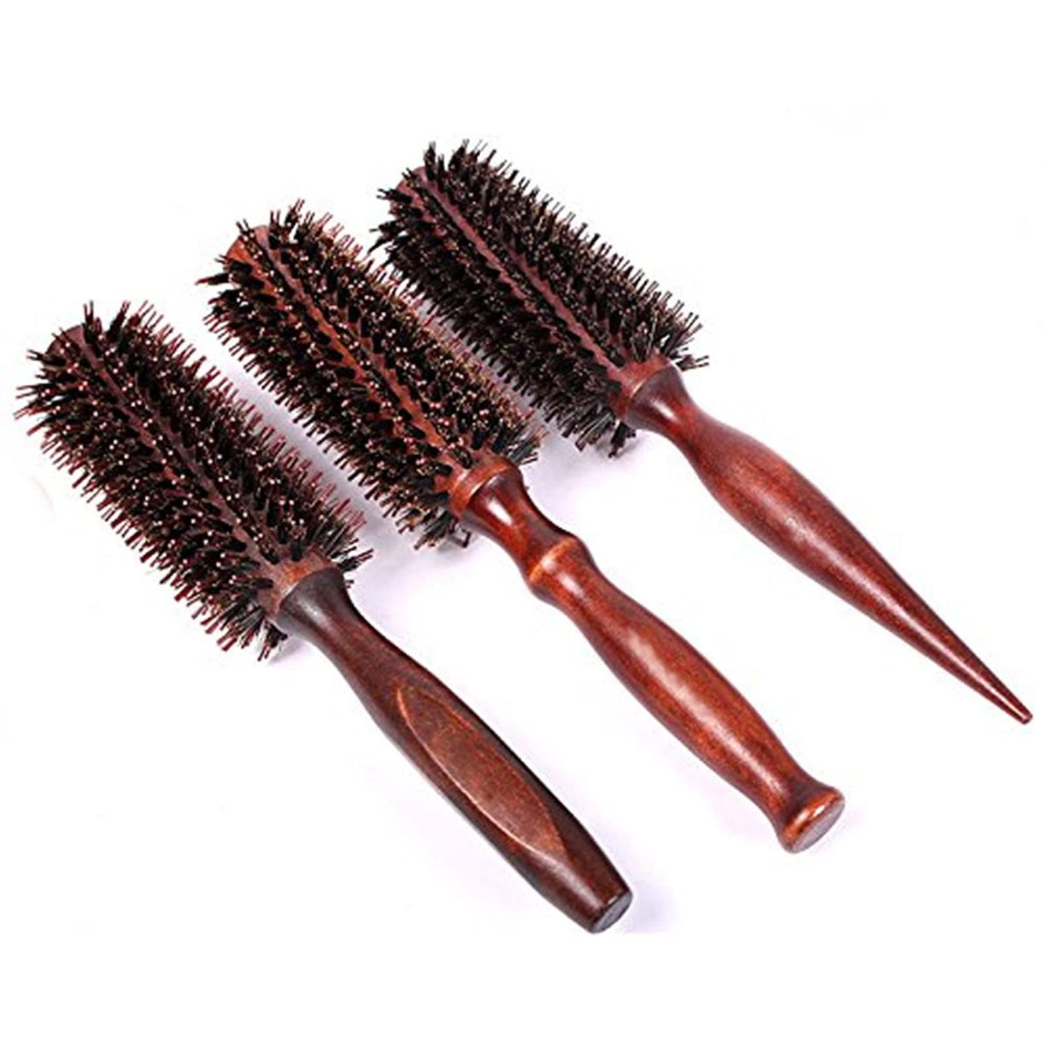 Healthcom 3-in-1 Premium Brush Set for Women Men: Natural Boar Bristle Round Hair Brush, Nylon Pin Styling Brush, Wooden Comb for Drying, Curling, and Styling Hair