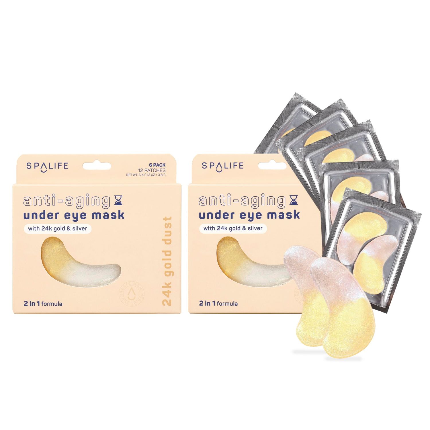 SpaLife Beauty Anti-Aging Under Eye Masks - Hydrogel Eye Patches for Fine Lines, Dryness, Dullness with 24K Gold, Colloidal Silver - 2-in-1 Skincare Treatment - 24 Pairs