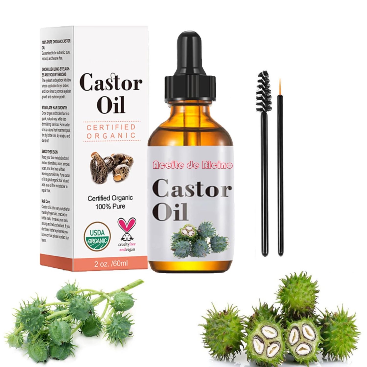 Castor Oil 2 OZ- Aceite de Ricino - Cold Pressed 100 Pure, Certified Organic, Hexane Free for Eyelashes, Eyebrows, Beard, Hair Growth Women and Men