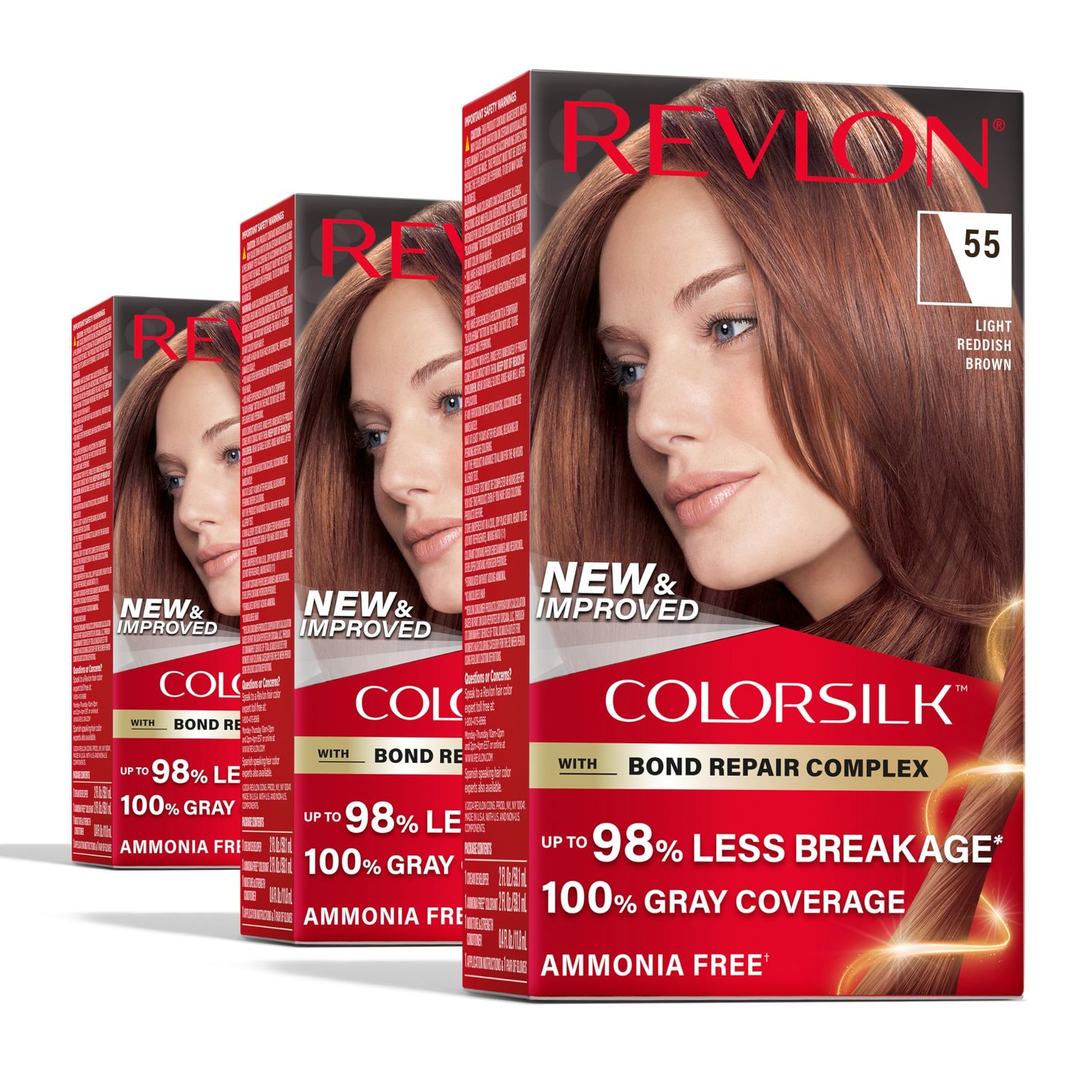 Revlon ColorSilk with Bond Repair Complex, Red Permanent Hair Color, 100 Gray Coverage, Ammonia Free Hair Dye, Vegan Keratin, 55 Light Reddish Brown (Pack of 3)