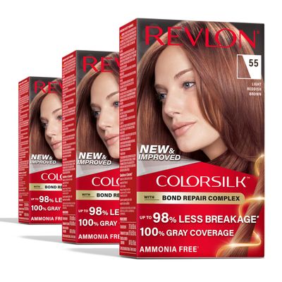Revlon ColorSilk with Bond Repair Complex, Red Permanent Hair Color, 100 Gray Coverage, Ammonia Free Hair Dye, Vegan Keratin, 55 Light Reddish Brown (Pack of 3)