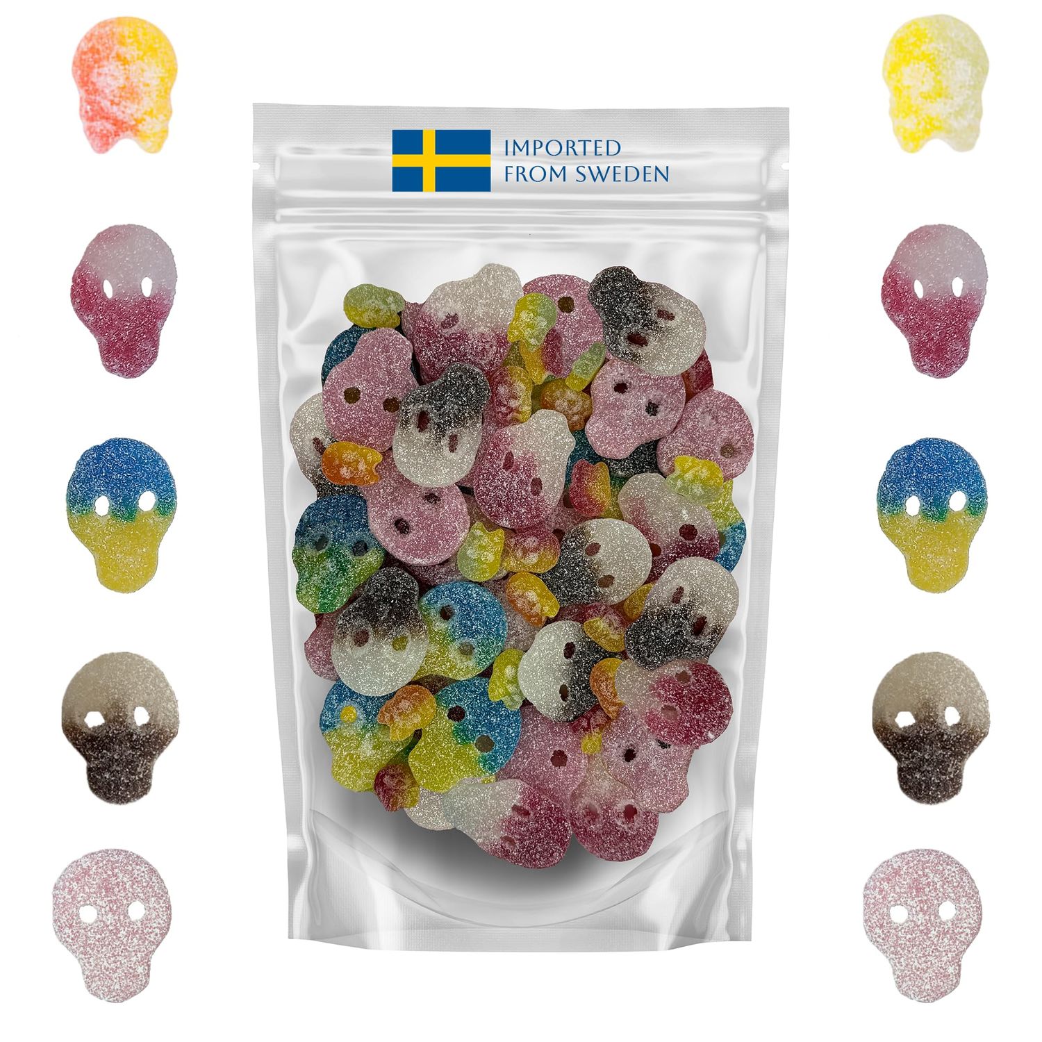 Vegan Sour Skull Mix - 1 Pound Assortment Bag with Cola, Bubs Sur Skalle, Pinky, Danish, and Swedish Skulls, Sour and Chewy Treats Imported from Sweden, Packed in a Svenska Imports Bag
