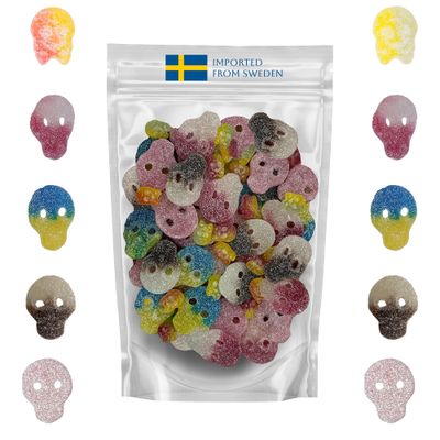 Vegan Sour Skull Mix - 1 Pound Assortment Bag with Cola, Bubs Sur Skalle, Pinky, Danish, and Swedish Skulls, Sour and Chewy Treats Imported from Sweden, Packed in a Svenska Imports Bag