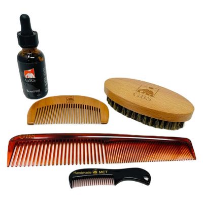 G.B.S Beard Brush Beard Comb Set with Mustache Comb, Natural Boar Bristle Brush, Wood Fine Tooth Comb, Natural Beard Oil, Hair Styling Comb 5 Pc Grooming Kit For Men