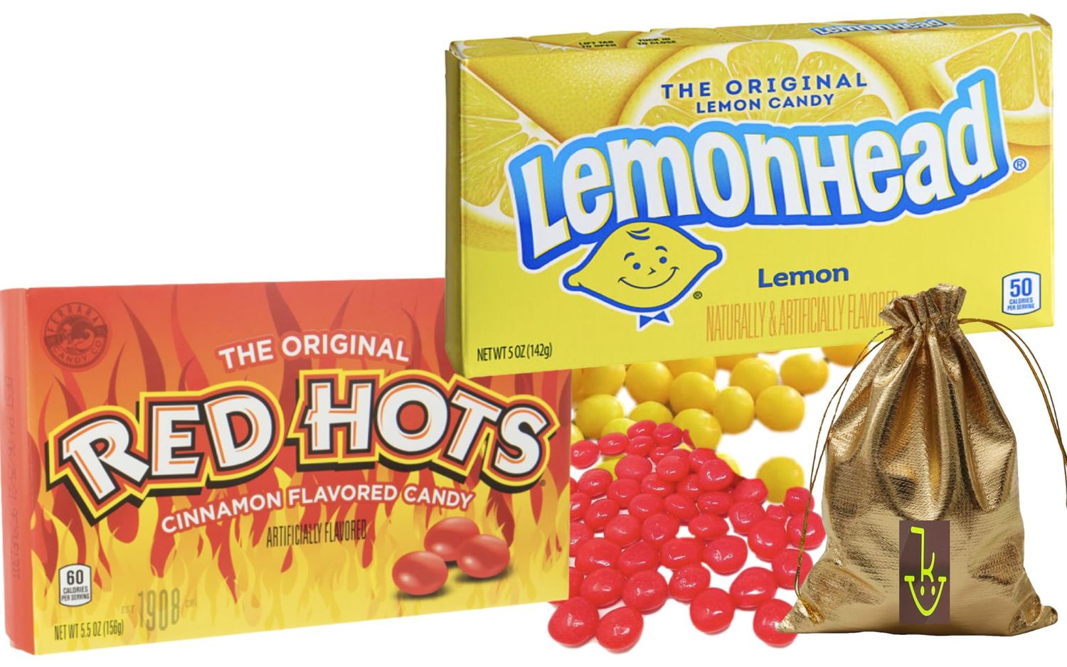 Lemonhead Hard Lemon Candy, 5 Oz Movie Theater Candy Box The Original Red Hot Cinnamon Flavored Candy 5.5 Oz Great for Holidays, Birthday party, Christmas Candy With Soko Smiles Pocket Candy Bag.