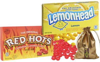 Lemonhead Hard Lemon Candy, 5 Oz Movie Theater Candy Box The Original Red Hot Cinnamon Flavored Candy 5.5 Oz Great for Holidays, Birthday party, Christmas Candy With Soko Smiles Pocket Candy Bag.