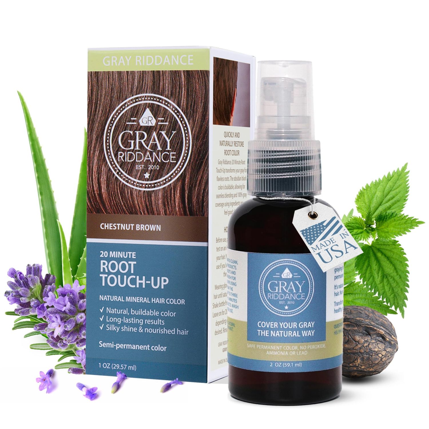Gray Riddance 20-Minute DIY Hair Root Touch Up Spray - Semi-Permanent Vegan Gray Coverage for Men Women - 100 Vegan, Non-Toxic, Ammonia-Free Hair Color Dye - Pregnancy Safe - Chestnut Brown (1 oz)