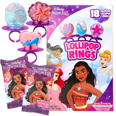 Disney Princess Decorated Lollipop Rings, Bulk Flavored Candy for Birthday Party Favor, Individually Wrapped With Assorted Flavors,7.61 ounces, 18 Count