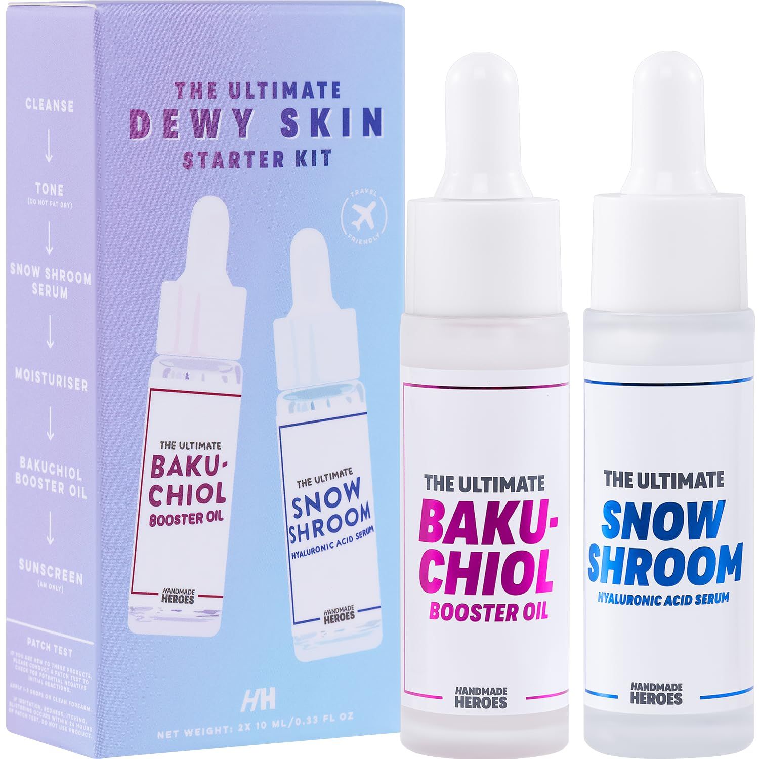 Travel size 2 Bakuchiol Oil and Hyaluronic Acid Serum by Handmade Heroes with Sugarcane Squalane, All Natural Retinol Alternative For Radiant and Line Smoothing Travel Set for Dewy Skin