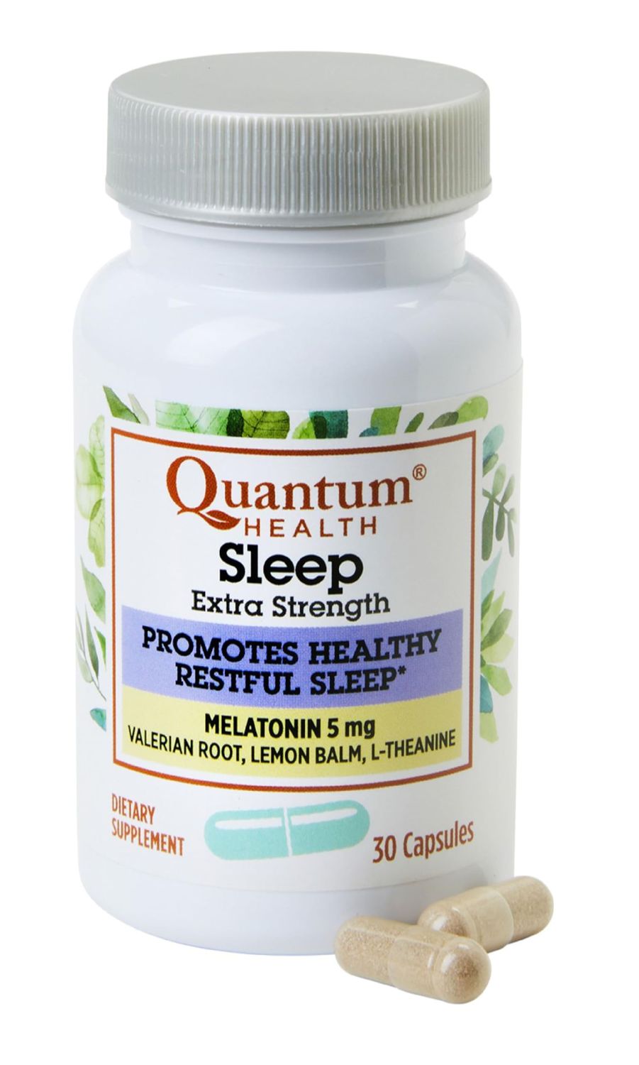 Quantum Health Extra Strength Sleep Melatonin 5mg Healthy Restful Sleep Support with Relaxing Valerian Root L Theanine Daily Mind Body Well Being for Women Men - 30 Capsules