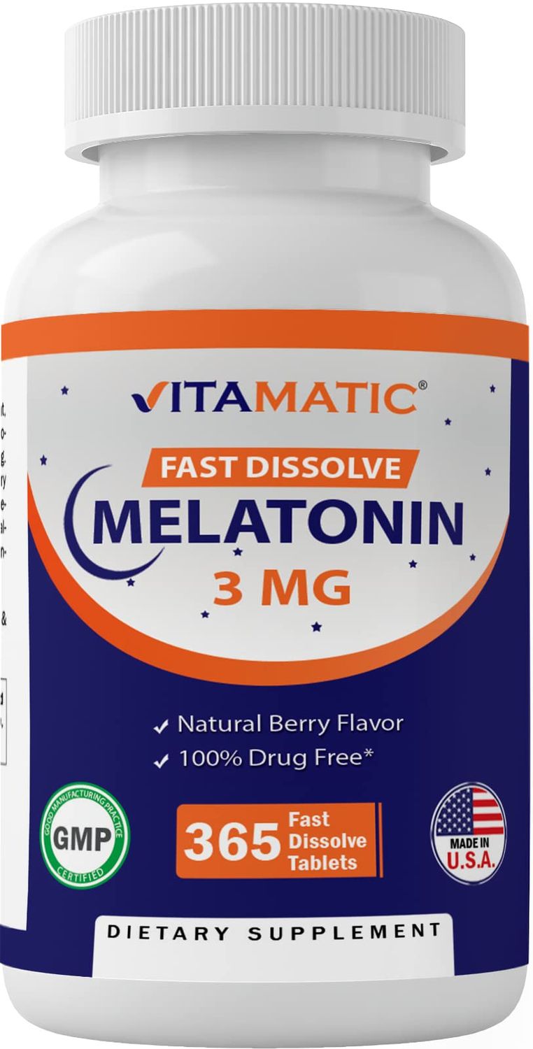 Vitamatic Melatonin 3mg Tablets Vegetarian, Non-GMO, Gluten Free 1 Year Supply Natural Berry Flavor - 365 Tablets