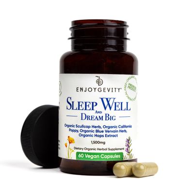 EnjoyGevity Organic Sleep Well Capsules - Calming and Relaxing Herbal Supplement - Sleep Aid - 60 Vegan Capsules - scullcap, California Poppy, Blue Vervain, Hops Extract - 1,500 mg