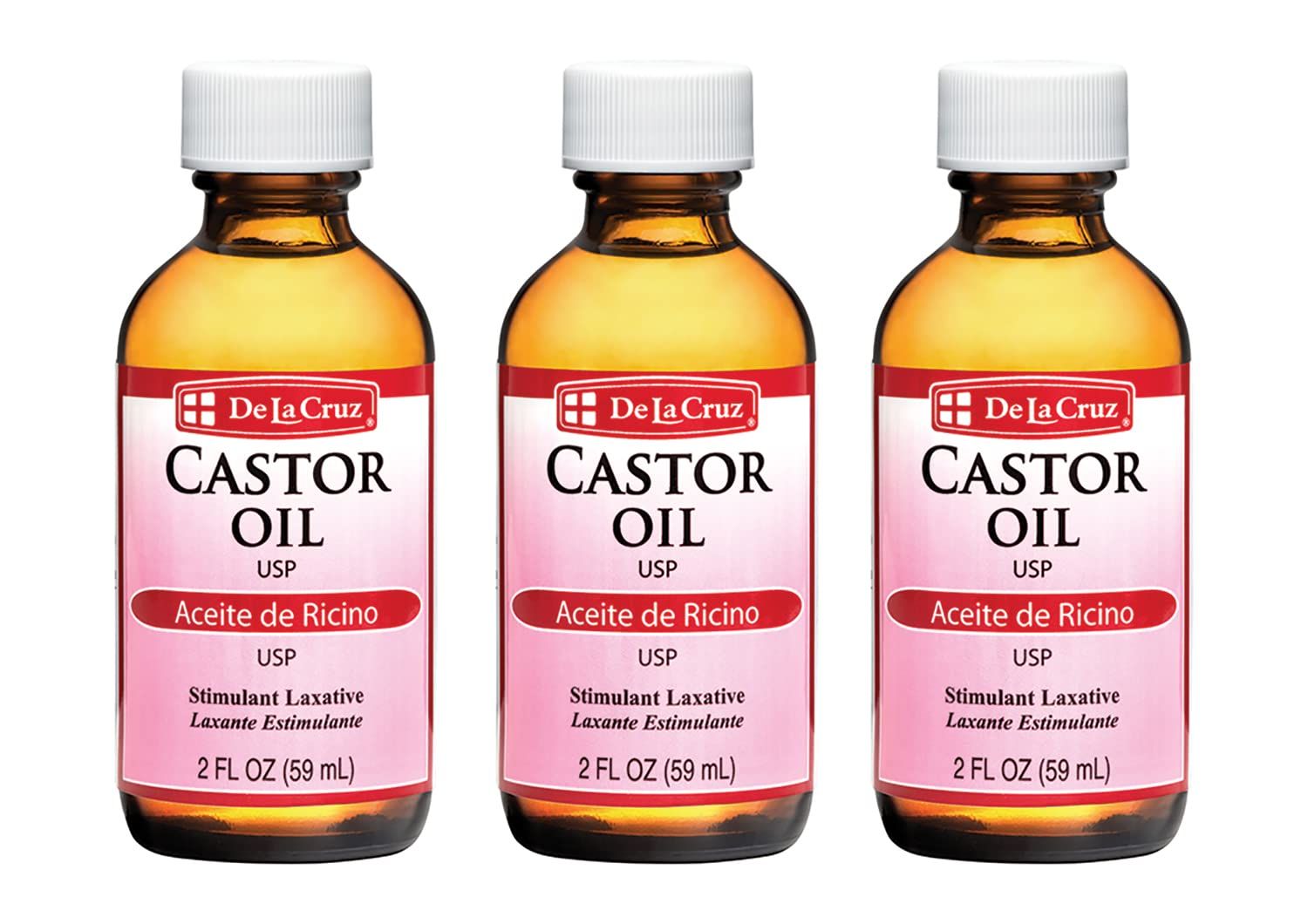De La Cruz Castor Oil - 100 Pure Castor Oil for Hair, Skin, Eyelashes, and Eyebrows - USP Grade, 2 FL Oz (3 Glass Bottles)
