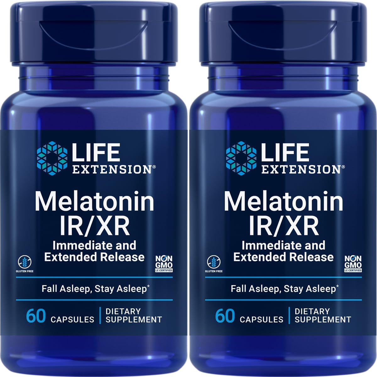 Life Extension Melatonin IRXR, 1.5 mg, immediate- and Extended-Release Formula for Optimal Sleep Support, Healthy circadian Rhythms, Cellular Defense, Gluten-Free, Non-GMO, 2 X 60 Capsules