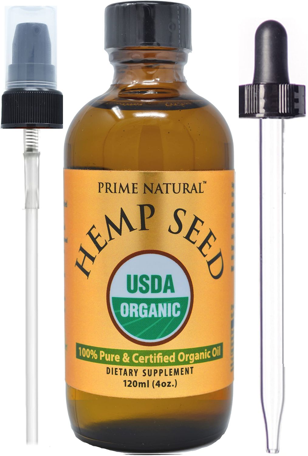 PRIME NATURAL Organic Hemp Seed Oil 4oz - USDA Certified - Sativa Oil - Pure, Cold Pressed, Virgin, Unrefined, Vegan, Food Grade - High Omega 3 6 9 Fatty Acids - Good for Face, Body, Skin Hair Care