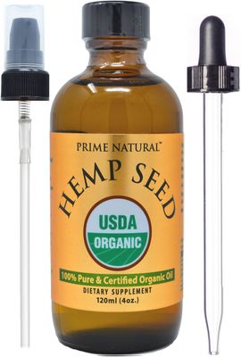 PRIME NATURAL Organic Hemp Seed Oil 4oz - USDA Certified - Sativa Oil - Pure, Cold Pressed, Virgin, Unrefined, Vegan, Food Grade - High Omega 3 6 9 Fatty Acids - Good for Face, Body, Skin Hair Care