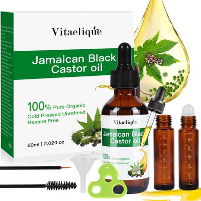 Vitaelique Jamaican Black Castor Oil, Cold Pressed Organic Pure Unrefined Glass Bottle Hair Oil For Hair Growth, Natural Carrier Oil for Thicker Eyebrows Eyelashes, Scalp, Face, Skin Moisturizer