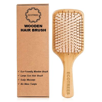 Hair Brush-Natural Wooden Bamboo Bristles Paddle Hairbrush Large. Eco-Friendly Massage Scalp Detangling All Hair Types. No More Tangle.