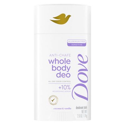 Dove Whole Body Deo Aluminum Free Anti-Chafe Deodorant Stick Coconut Vanilla for 72h Odor Control 2.6 Oz