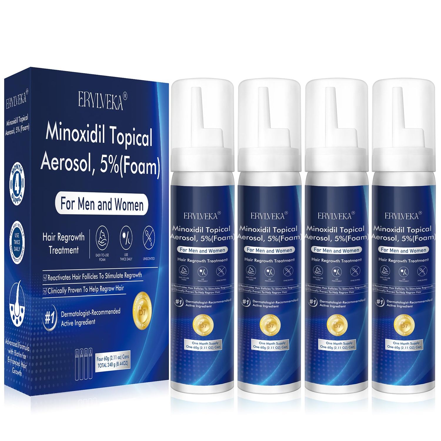 ERYLVEKA 5 Minoxidil Foam for Hair Beard Growth - Thickening Treatment for Men Women, 4-Month Supply (8.44oz) with Biotin, Unscented Non-Greasy Formula