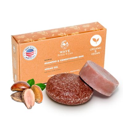 Wave Argan Oil Shampoo Conditioner Bar Set - Sulfate Free Natural Organic Moisturizing Vegan Shampoo and Conditioner Bars for Women Men - Long-Lasting (80-120 Uses)
