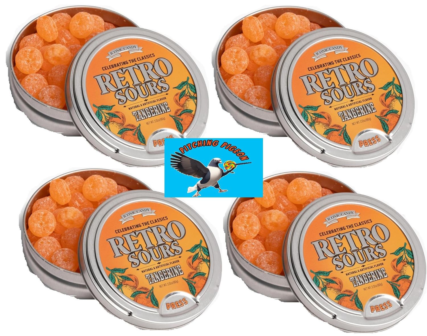 Retro Sours Hard Tangy Candy 4ct Tangerine Flavored Tins 8.48oz - Includes PITCHING PIGEON Brand Magnet