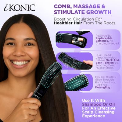 IKONIC 3-in-1 Electric Scalp Massager for Hair Growth -Vibrating Head Massager Brush for Stimulation and Circulation, Use as Exfoliator, Scrub, Massager, Hair Detangle, Massage Gift for Men and Women