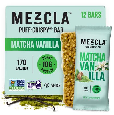 Mezcla Puff Crispy Protein Bars, Gluten Free Vegan Protein Bars, 10g Protein, Alt for Crispy Rice Treat, Granola Bars Breakfast Bars, Healthy Snacks for Adults, Matcha Vanilla, 12 Pack