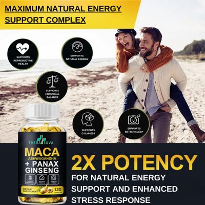 3 in 1 Ashwagandha Maca Root Panax Ginseng - Natural Supplement for Energy, Stamina, and Stress Support, 120 Softgels
