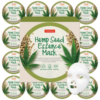 Purederm Hemp Seed Essence Mask (12 Pack) - Hemp Seed Oil, Collagen, and Vitamin E Effectively, Moisturize and Soothe the Skin
