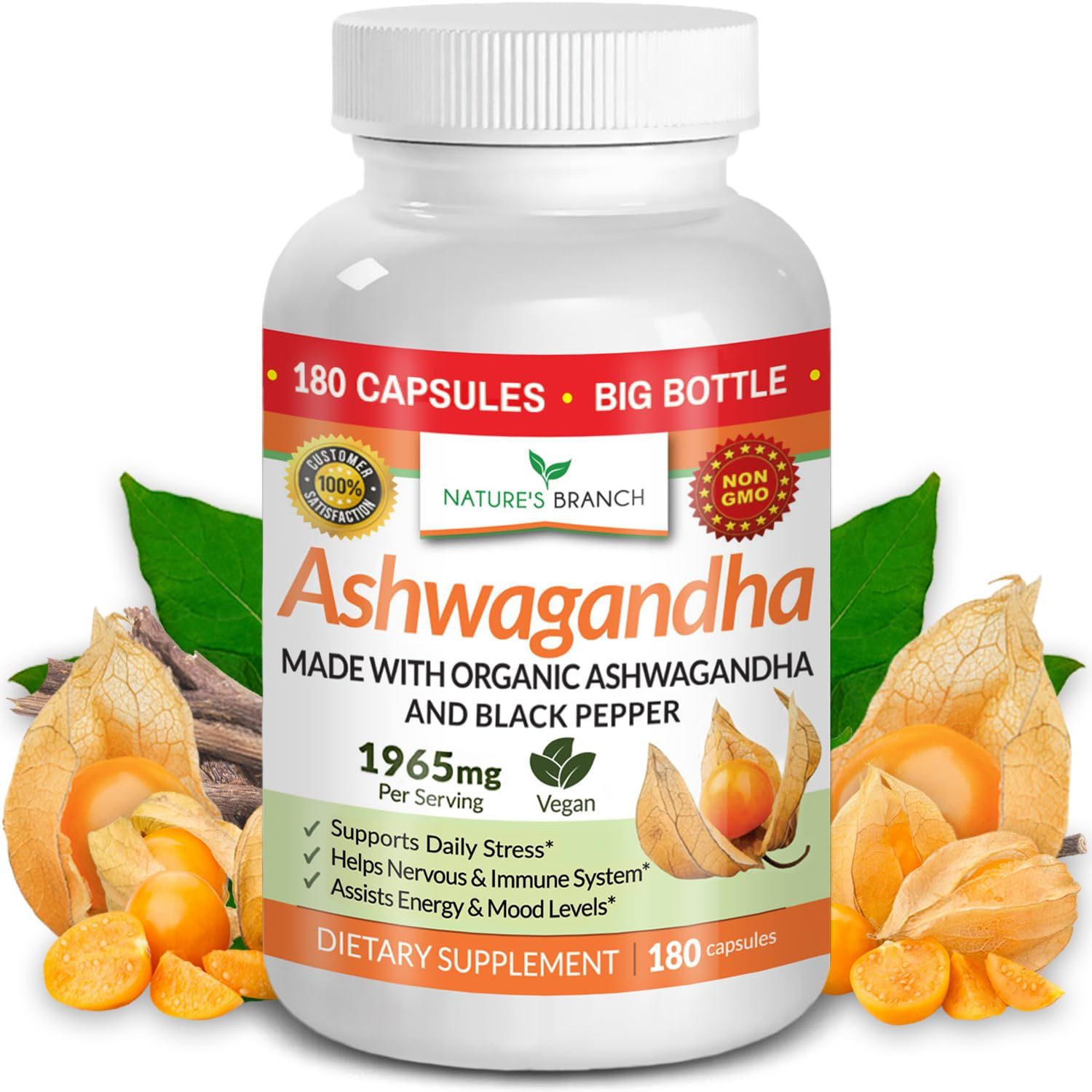 UDAF Verified Organic Ashwagandha with Black Pepper - 180 Capsules - 1965mg Extra Strength for Stress, Sleep, Mood, Thyroid, Focus, Hair, Vegan Pure Root Extract Powder - Men and Women Supplements