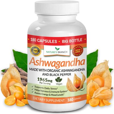 UDAF Verified Organic Ashwagandha with Black Pepper - 180 Capsules - 1965mg Extra Strength for Stress, Sleep, Mood, Thyroid, Focus, Hair, Vegan Pure Root Extract Powder - Men and Women Supplements