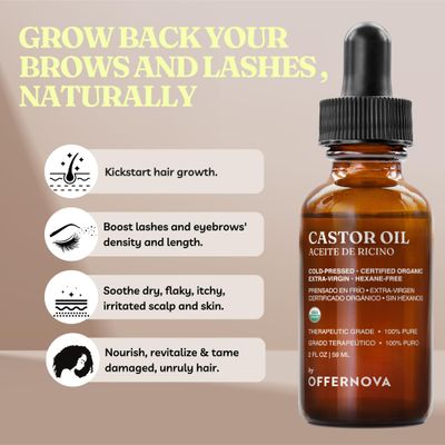 Offernova Organic Castor Oil, Pure Cold Pressed - Eyelash Serum for Hair Growth, Thicker Eyebrows - Hexane Free- Aceite de Ricino Organico para Crecimiento Pestaas