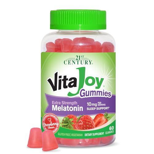 21st Century Healthcare VitaJoy Extra Strength Melatonin 10 mg Gummies, Strawberry, 60 Count, Red, 0.43 pounds, (Pack of 1)