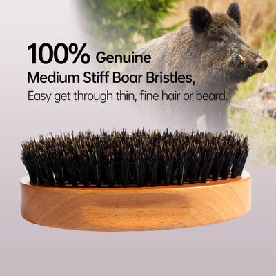 PERFEHAIR Boar Bristle Beard Brush for Men, Firm Bristles Wood Hair Comb for Mustache, Thin, Short Hair - Military Style