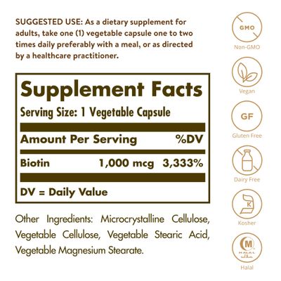 Solgar Biotin 1000 mcg, 250 Vegetable Capsules - Supports Healthy Skin, Nails Hair - Energy Metabolism - Enhanced Potency - Non-GMO, Vegan, Gluten Free, Dairy Free, Kosher, Halal - 250 Servings
