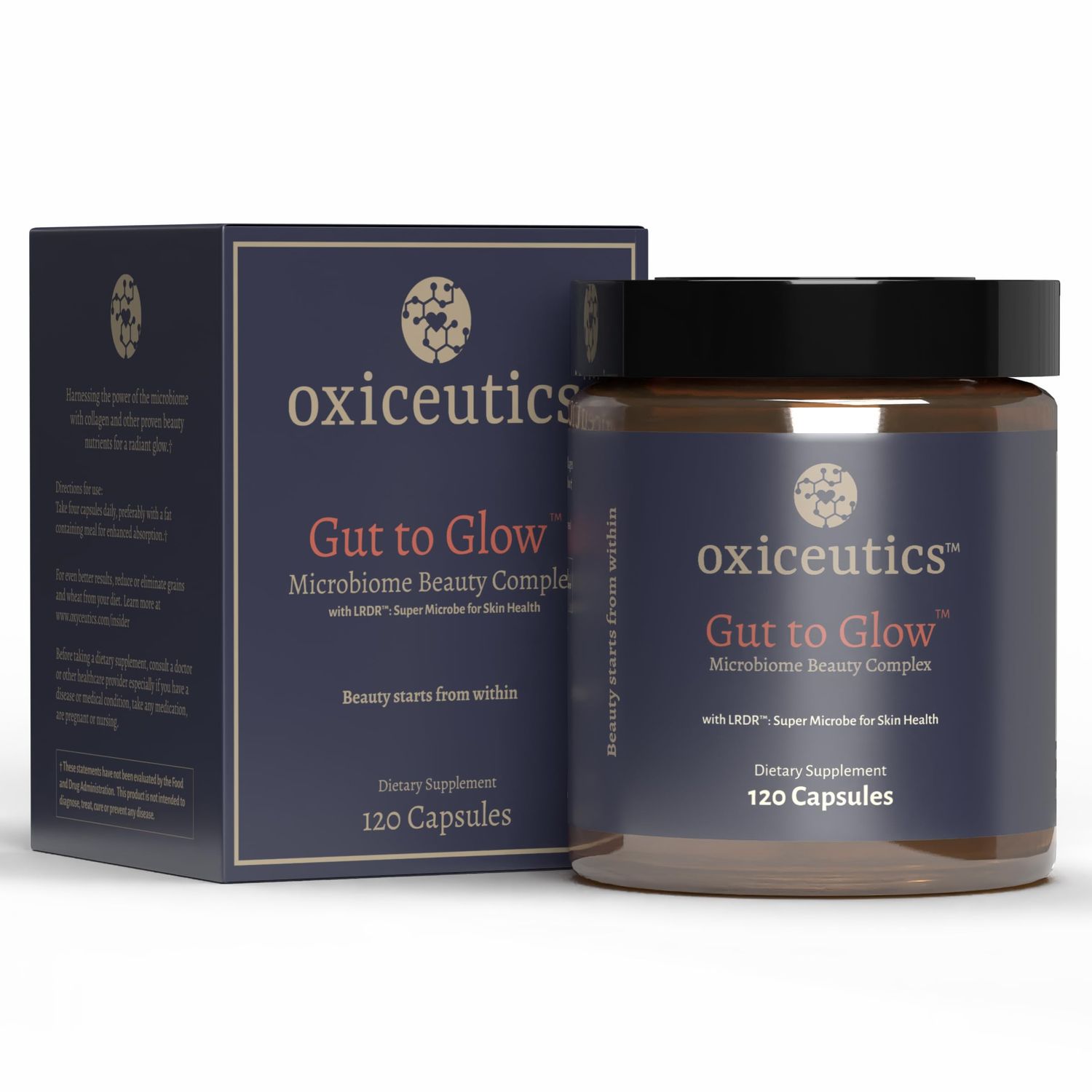 Oxyceutics - Gut to Glow - 120 Capsules - Probiotics for Skin - Supports Skins Youthful Appearance with Marine Collagen, hyaluronic Acid astaxanthin