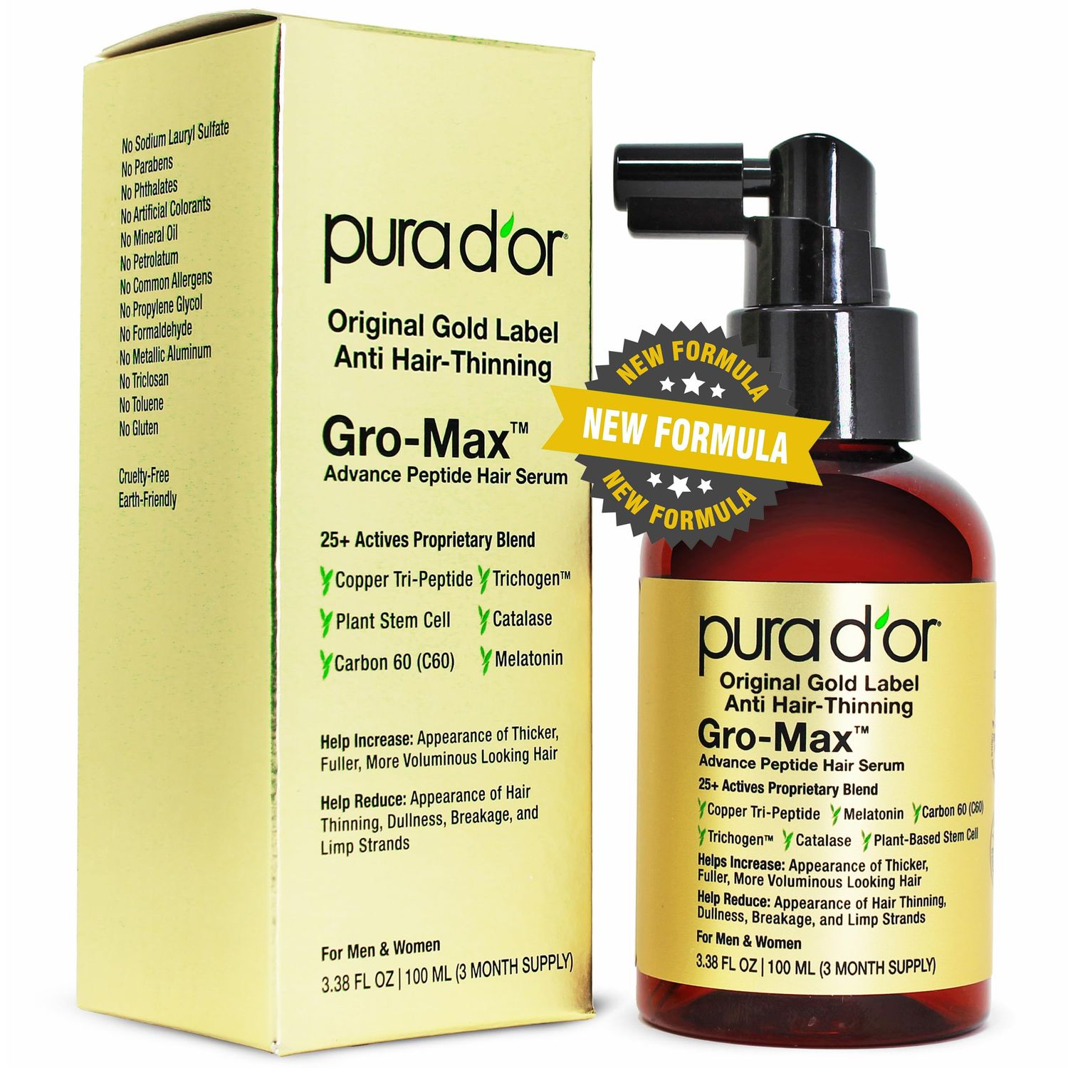 PURA D&#39;OR 3.38 Oz Gro-Max Advanced Peptide Hair Serum (NEW FORMULA) Plant Stem Cell, Catalase, Copper Tri-Peptide, C60, Biotin, Melatonin, Trichogen, Caffeine, Rosemary - Stronger, Thicker Hair