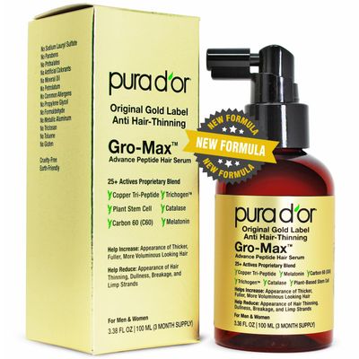 PURA D&#39;OR 3.38 Oz Gro-Max Advanced Peptide Hair Serum (NEW FORMULA) Plant Stem Cell, Catalase, Copper Tri-Peptide, C60, Biotin, Melatonin, Trichogen, Caffeine, Rosemary - Stronger, Thicker Hair