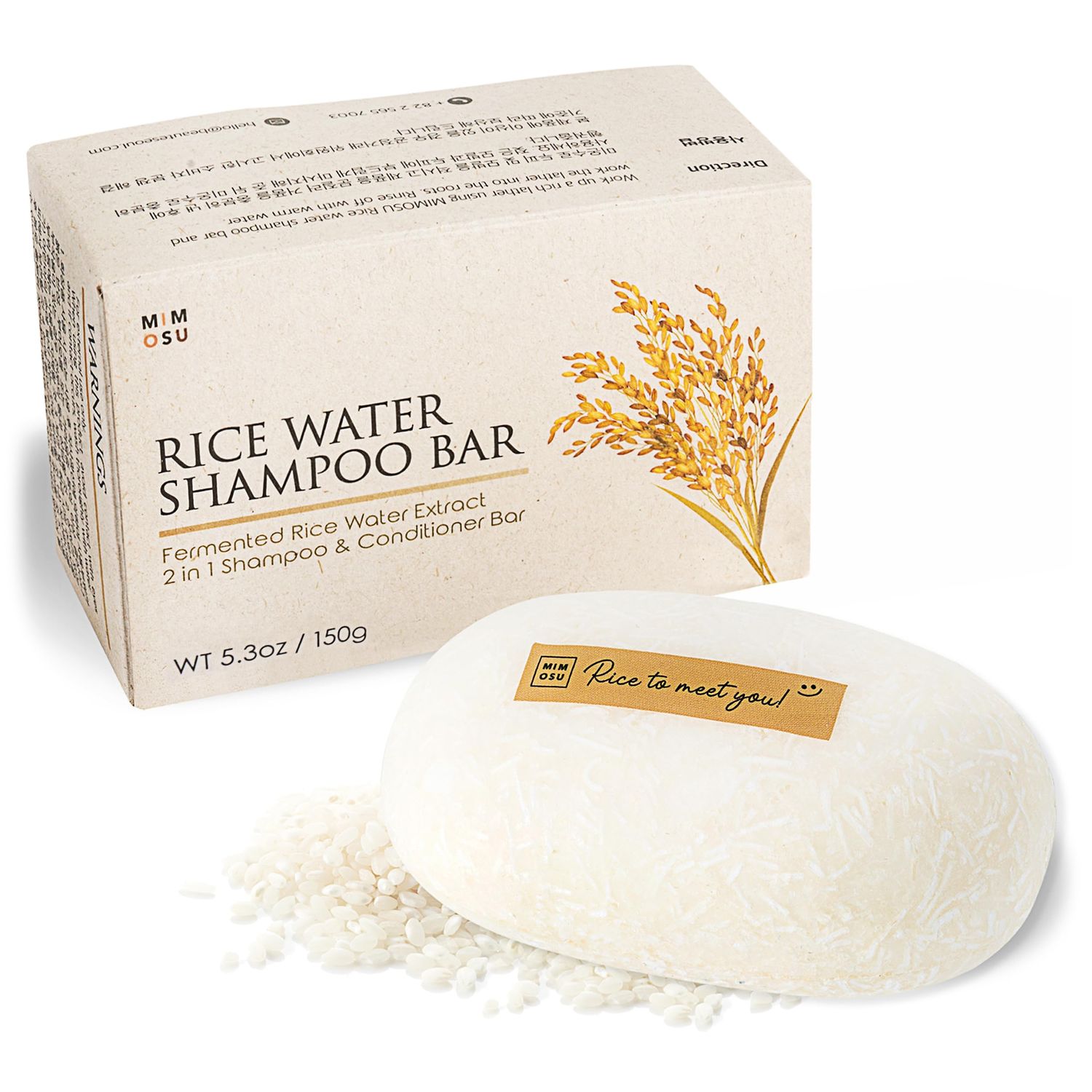 mimosu Hair Growth Shampoo Bar, Fermented Rice Water 2-in-1 Shampoo Conditioner, 5oz, Unscented, pH Balanced, Solid Bar for Oily Hair, Korean Hair Care