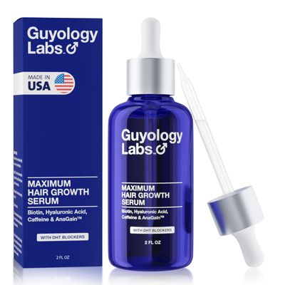 &quot;Guyology Labs Biotin Hair Growth Serum for Men, Women All Types of Hair - DHT Blocker Scalp Serum - Hyaluronic Acid, Citrus - Anti Thinning Hair - Anti Hair Loss - Hair Regrowth - Made in USA&quot;