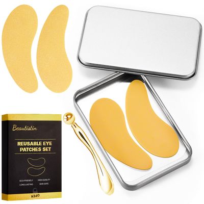 Beautistin 2 Pairs Reusable Under Eye Wrinkle Patches Silicone Mask, Plump Fine Lines Wrinkles, with Metal Eye Cream Applicator, Tin Case, Gold