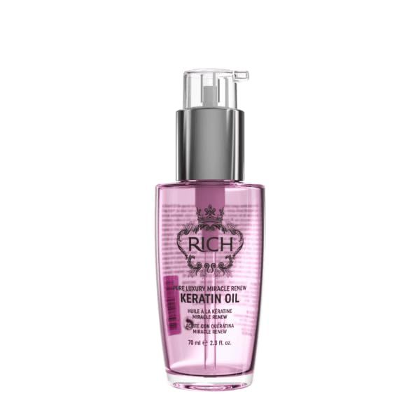 RICH Pure Luxury Miracle Renew Keratin Hair Oil for All Hair Types - Fights Frizz and Adds Shine - Enriched with Keratin Protein, Argan Oil and Jojoba Seed Oil - Heat Protective - 2.3 Oz