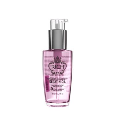 RICH Pure Luxury Miracle Renew Keratin Hair Oil for All Hair Types - Fights Frizz and Adds Shine - Enriched with Keratin Protein, Argan Oil and Jojoba Seed Oil - Heat Protective - 2.3 Oz