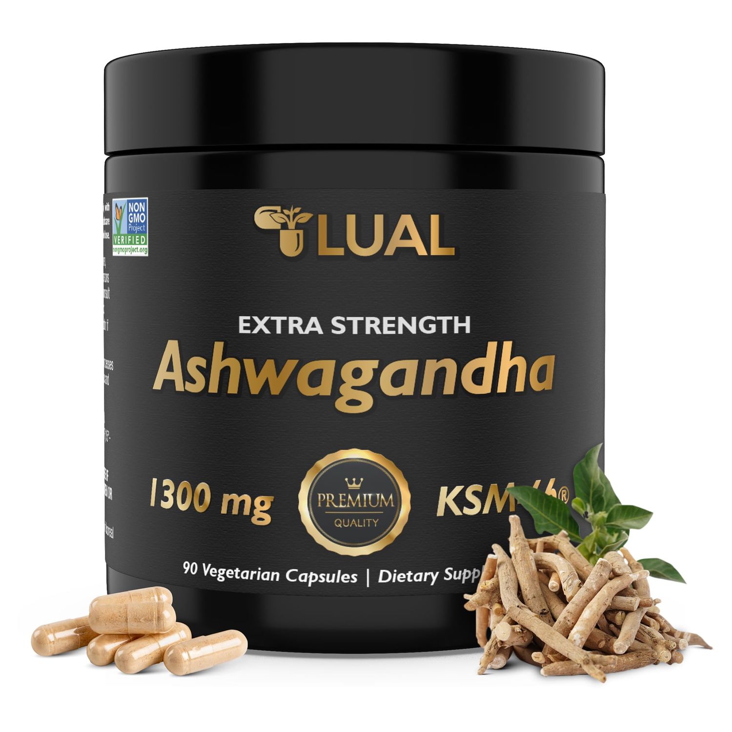 Ksm-66 Ashwagandha 1300 mg. Luall Extra Strength Ashwagandha - Natural Dietary Supplement, Organic Root Powder - Supports Muscle Recovery, Strength Gains, Sleep Quality - Capsules