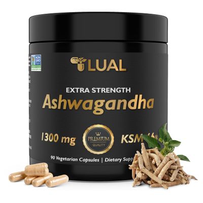 Ksm-66 Ashwagandha 1300 mg. Luall Extra Strength Ashwagandha - Natural Dietary Supplement, Organic Root Powder - Supports Muscle Recovery, Strength Gains, Sleep Quality - Capsules