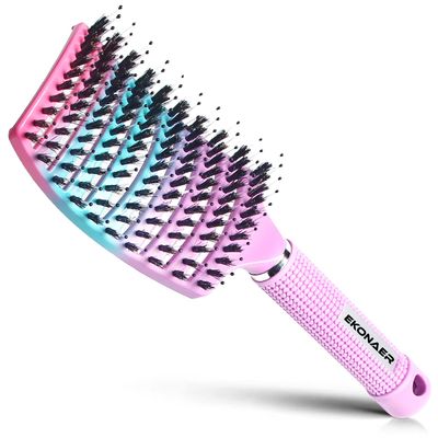 EKONAER Detangling Brush Boar Bristles Hair Brush for Adult Kids Wet or Dry Hair,Curved and Vented Detangler Brush - Adds Shine and Makes Hair Smooth(Pink)