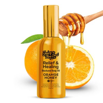 Juicy By Mon Cheri Body Oil Spray - Natural Black Seed, Olive Vitamin E for Scar Repair, Eczema, Psoriasis, Rosacea, Moisturizing Hair Growth (3.4 oz., Orange Honey)