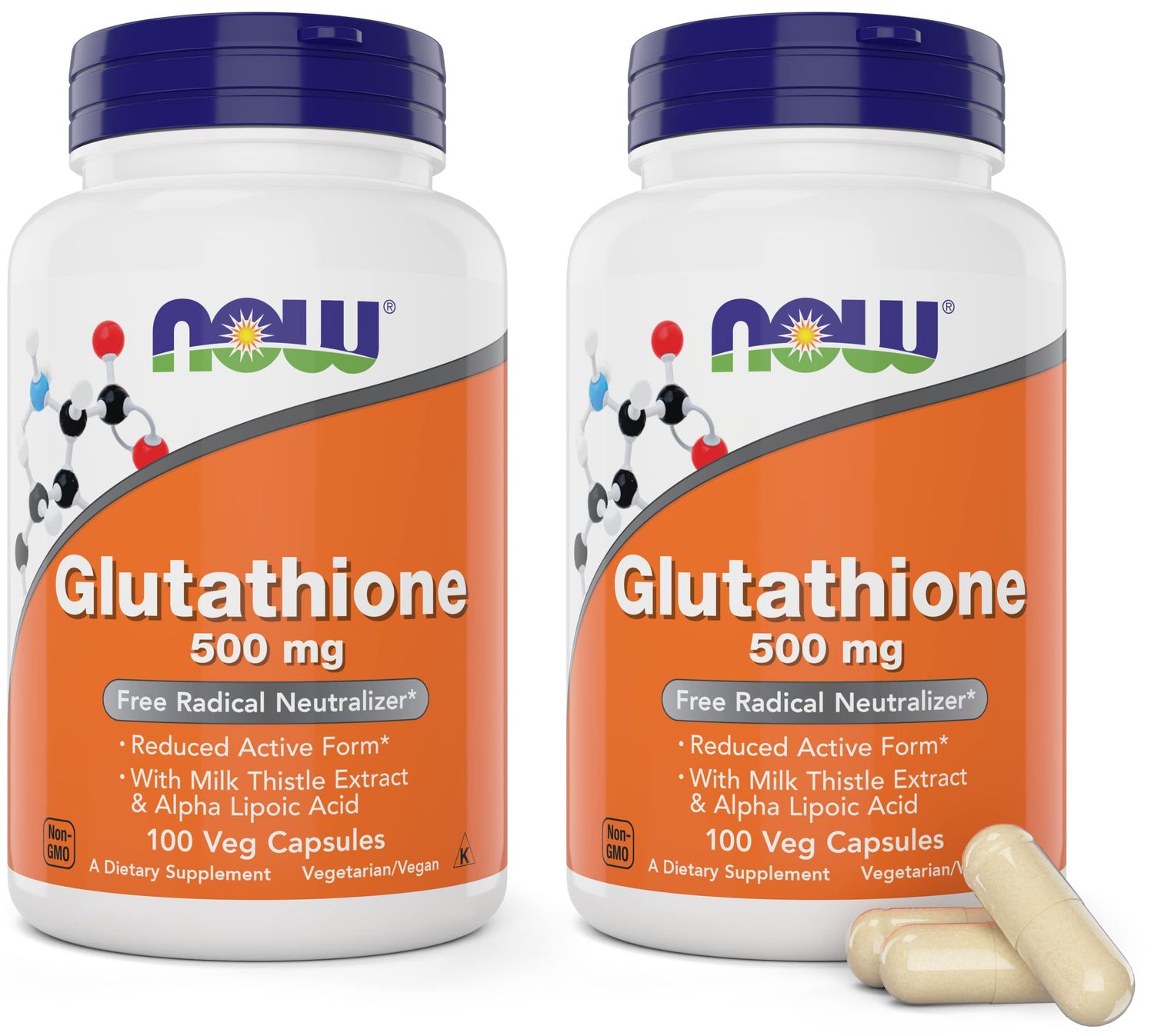 Now Glutathione 500 mg, 100 Vegan Capsules (Pack of 2) - Reduced Form GSH Supplement - Enhanced with Milk Thistle Extract and Alpha Lipoic Acid