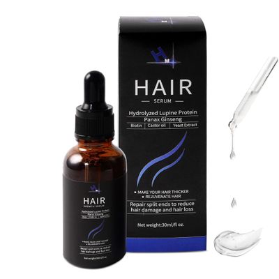 HM Hair Gro Serum With Biotin, Castor Oil, Amino Acids Hydrolyzed Lupine Protein Strengthens Hair Scalp Helps Improve Thickness Reduce Breakage Vegan-Friendly Non-Greasy